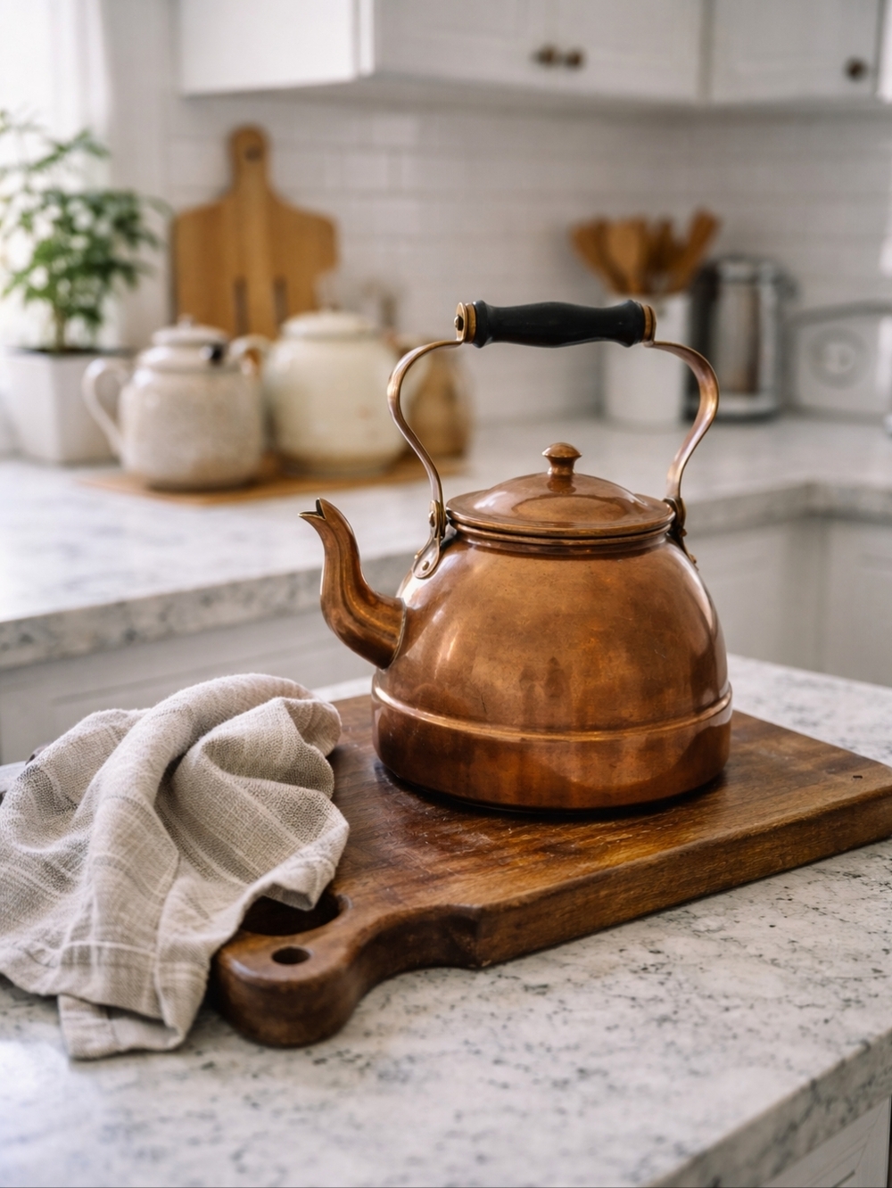 Vintage Douro Copper Hand Crafted Stovetop Whistling Tea Kettle Black Handle